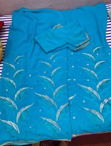 🔥PRICE DROP🔥 SKY BLUE SAREE WITH READY BLOUSE