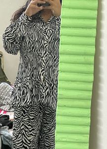 Zebra Print Button Down Blouse With Pants