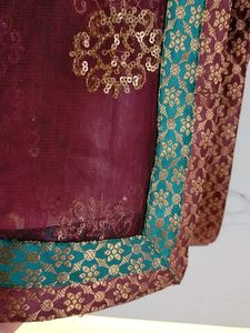Burgundy &amp; Gold Embellished Dupatta With Border