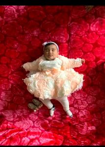 White&amp;Peach Net Floral Jacket Frock In Fur Fabric