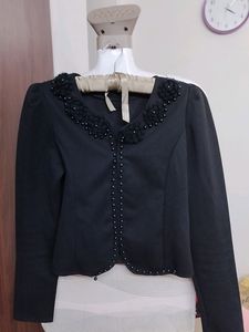 Black Crop Jacket With Embellished Neck Open Front