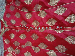 Elegant Red Banarasi Anarkali Set with Golden Moti