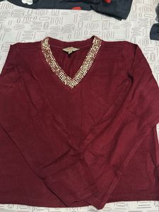 Burgundy Embellished V-Neck Top New