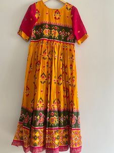 Ikat Print Long Frock With Embroidery Work On Top