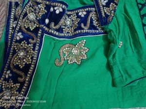 Green Saree with Navy Velvet Border