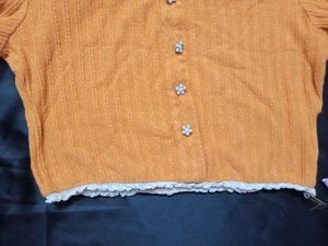Musturd Ribbed Crop Top with Button Details