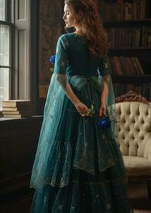 {M}Enchanting Teal &amp; Gold Embroidered Tiered Gown