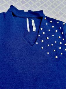 Navy Pearl Detail Lace Sleeve Top