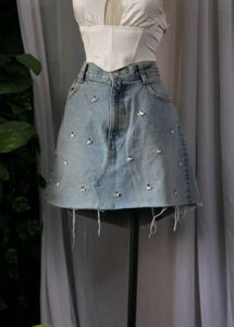 Zara Rhinestone Denim Mini Skirt