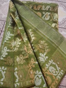 Green &amp; Gold cotton jamdani Saree