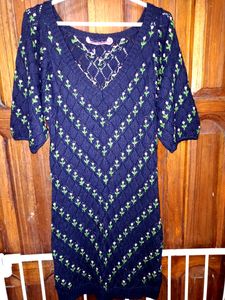 Dark Blue Knitted Dress With Embroidery❤