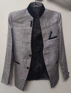 Grey Mandarin Black Velvet Collar Blazer