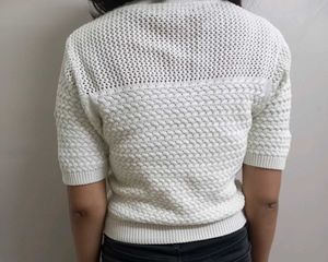 Women Off White Round Neck Half Sleeve Crochet Top