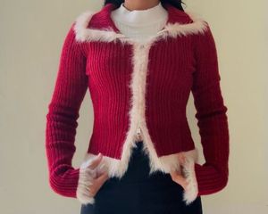 Red Fur Trim Cardigan