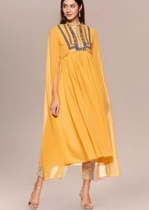 Mustard Embroidered Cape Dress