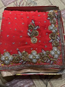 Elegant Orange Embellished Saree With Blouse