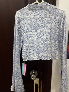 White And Blue Printed Mesh Top