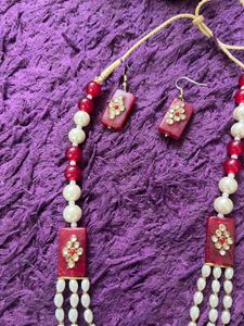Red &amp; Pearl Beaded Necklace &amp; Earrings Set