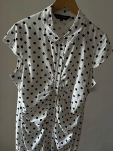 White &amp; Black Spot Print Ruched Front MIDI Dress