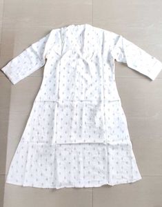 White Span Brand A Line Kurta With Golden Print
