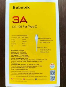 Robotek  3A Fast Charging Type-C Data Cable