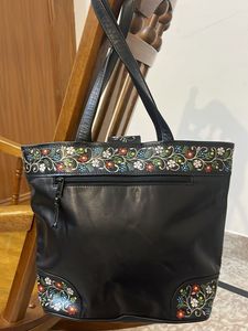 Floral Embroidered Leather Tote Bag