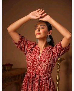 Red Paisley Print Midi Dress