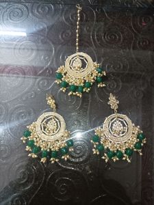 Bahara Maang Teeka Earrings Combo - Bottle Green