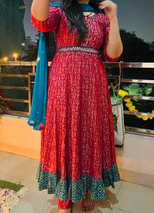 Dark Pink &amp; Gold Print Anarkali Dress