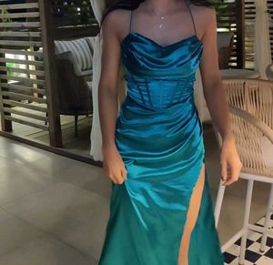 Teal Satin Corset Slit Gown