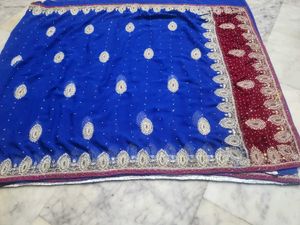 pink velvet border blue Dimond stone work saree