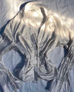 Satin White Ruched Button-Up Top