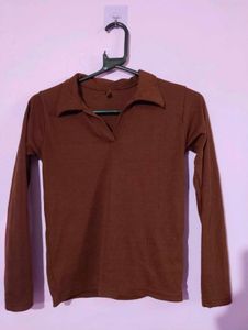 Brown Long Sleeve Polo Top