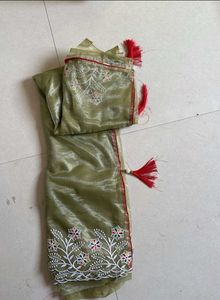 Elegant Olive Green Twill net embroidery  work Sar
