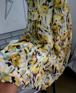 Yellow Ruffled Printed Knee Length Dress