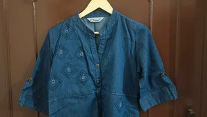 Navy Blue Denim Embroidered Top