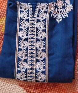 Teal Blue &amp; Motifs Embroidery Kurti Pant Dupatta