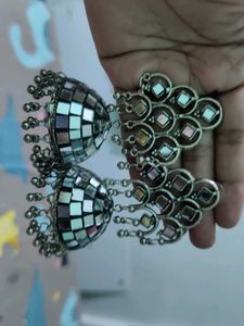 big beautiful mirror work oxidised jhumka