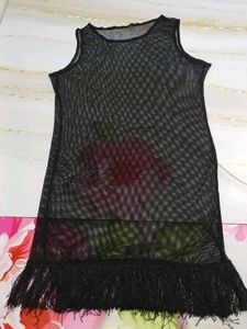 (1300)Black Fringe Mesh Cover-Up