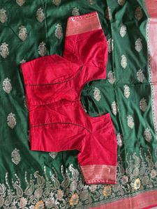 Green Banarasi Saree with Red Blouse