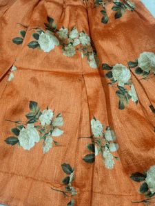 Orange Printed Skirt And Shirt White With Puffy Sl