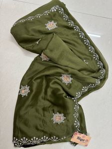 Women Olive Green Heavy Party Wear Saree