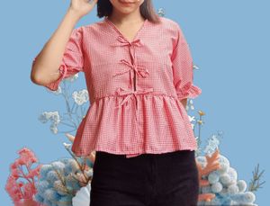 Gingham Front Tie up Red Top