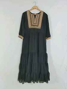 Black Embroidered Long Ethnic Dress ( Women)