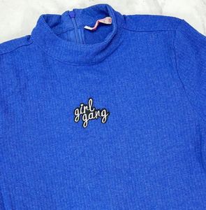 Blue Girl Gang Ribbed Mock Neck Top