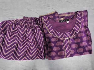 Women Purple Satin Silk Printed Kurta With Pant
