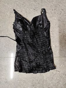Black lace and stone detail satin cami top