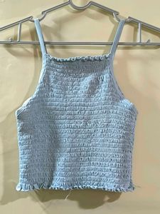 Blue Smocked Ruffle Tank Top