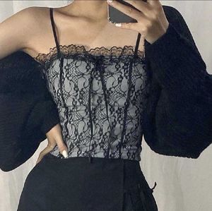 Y2K Black Floral Lace Top Ruffles Sexy Tank