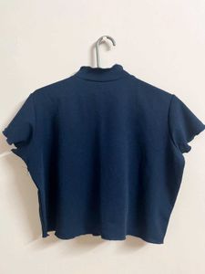 Navy Blue Ruffle Trim Mock Neck Top